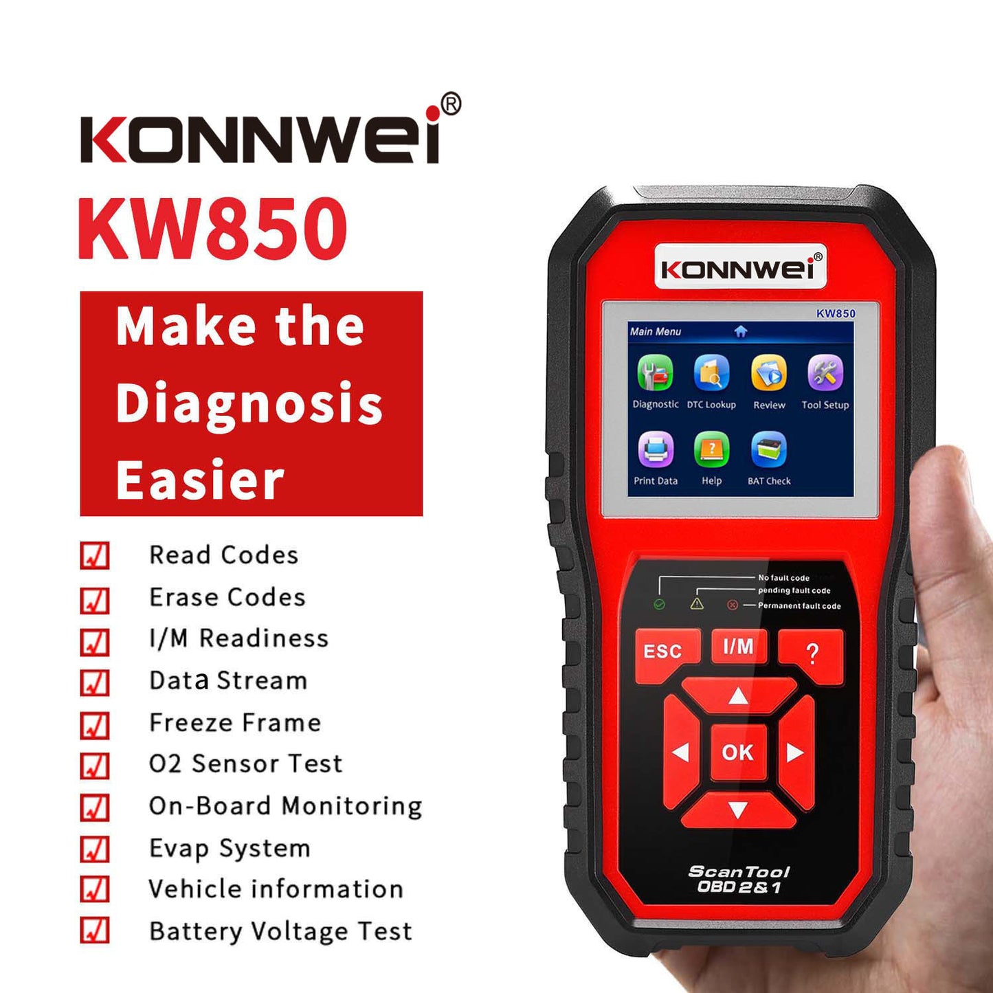 KW850 OBD2 CAN BUS Code Reader car engine fault code detector scanner