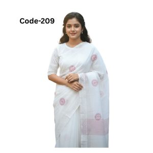 Semi Muslin Silk White and Red Saree